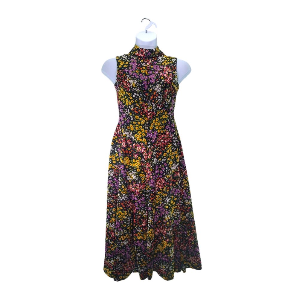 38 bust Unbranded Union Vintage Maxi Dress Floral Black High Neck Sleeveless